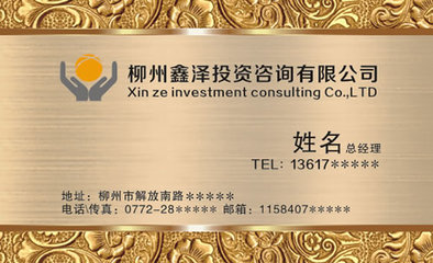 柳州鑫泽投资咨询名片模板免费下载